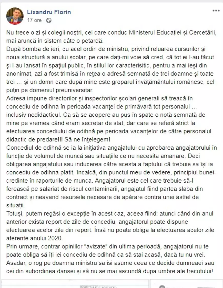 Cum se ceartă pe Facebook secretarii de stat pe concediile obligatorii ale profesorilor