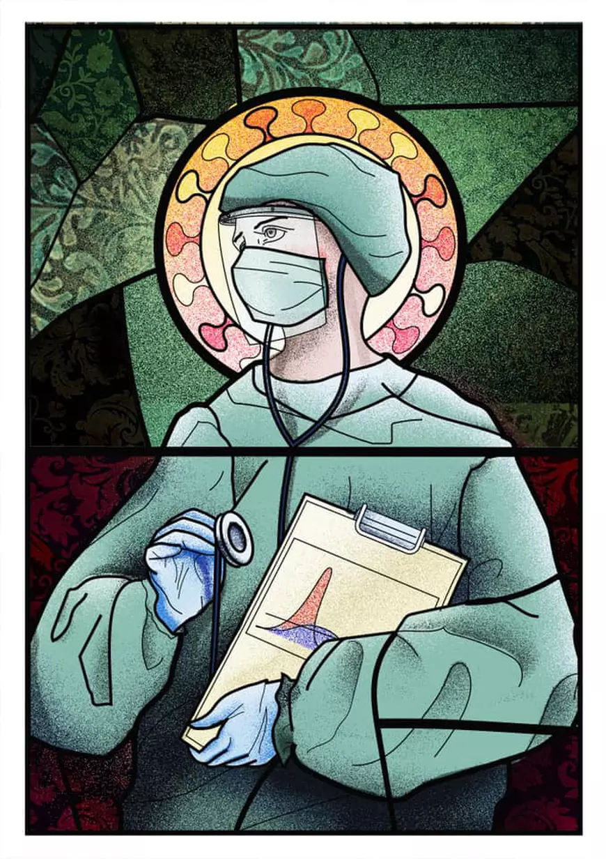 Medic prezentat ca sfânt. Ilustrație de Wanda Hutira. Foto: Cătălin Dobre, executive creative director McCann / Facebook