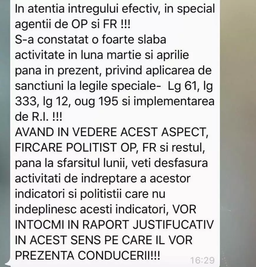 Mesajul șefului Poliției din Popești-Leordeni către subalterni: „Foarte slabă activitatea privind aplicarea de sancțiuni. Trebuie să îndreptați”