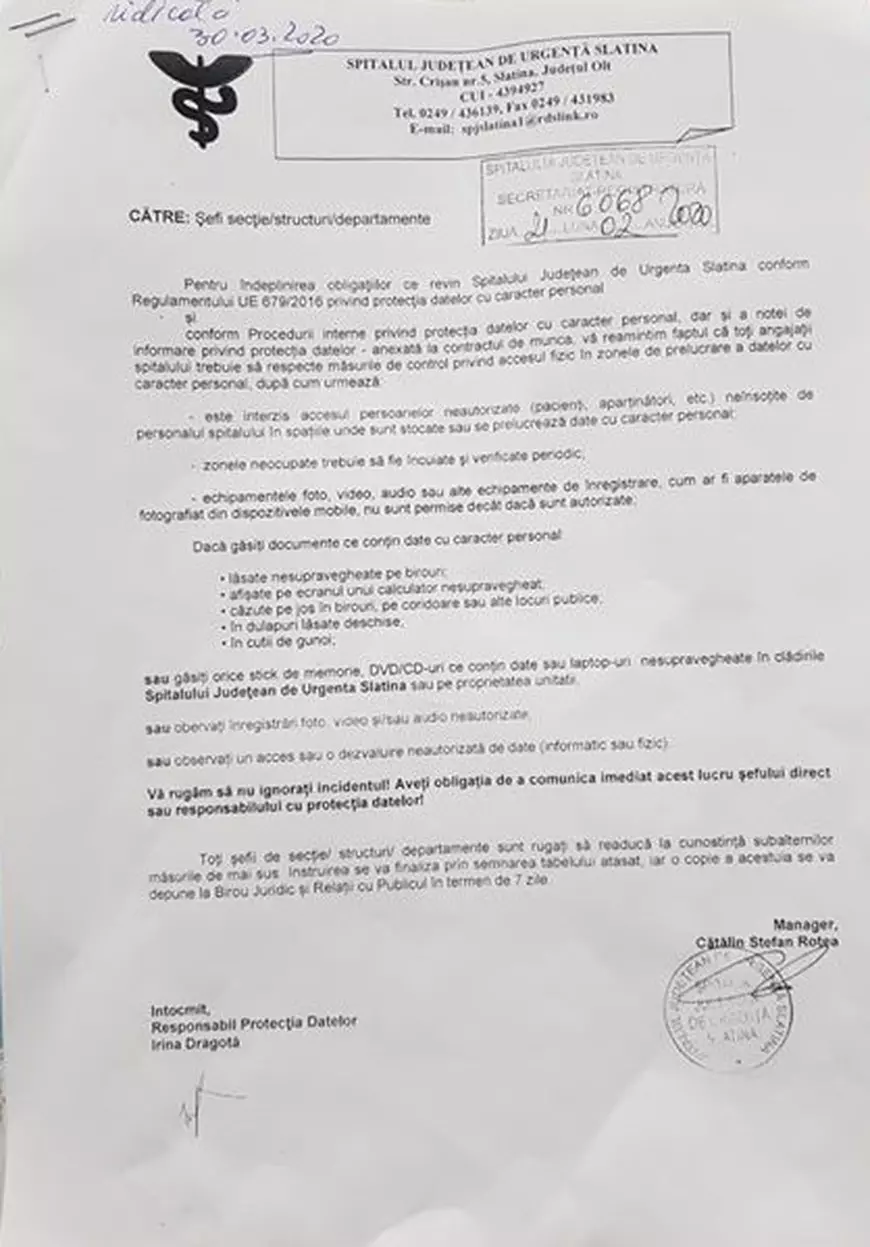 De teama dezvăluirilor despre COVID-19, spitalul din Slatina a emis un document prin care cere personalului să nu filmeze și să nu fotografieze