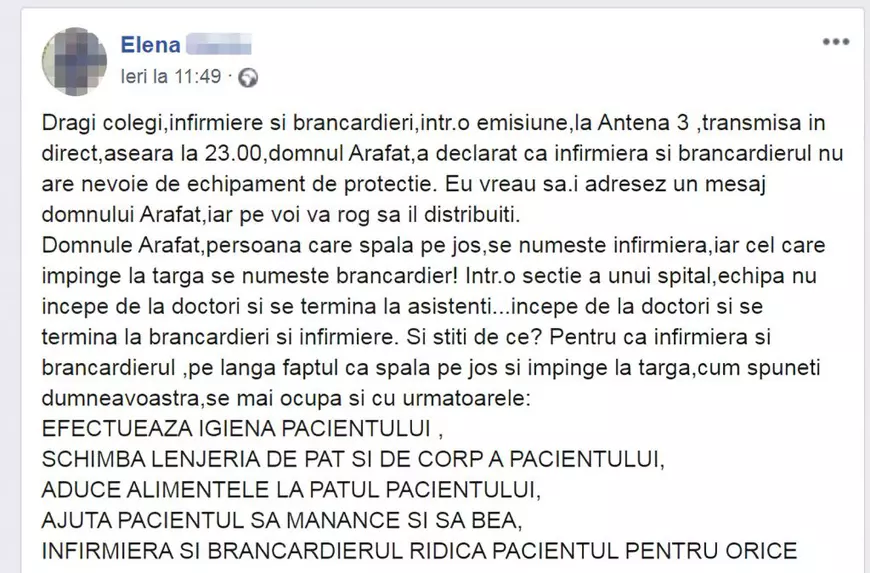 Interviu cu infirmiera care s-a enervat după ce Arafat a spus la Antena 3 că nu au nevoie de echipament: ”Afirmația lui Raed Arafat e de o inconștiență pură”