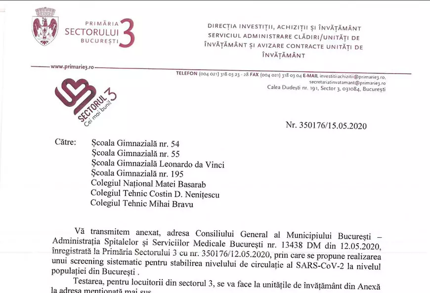 Testarea bucureştenilor pentru COVID-19 se va face în şcoli. Primăria Sectorului 3 a trimis adrese către unităţile de învăţământ, în care li se cere să pună la dispoziţie spaţiul