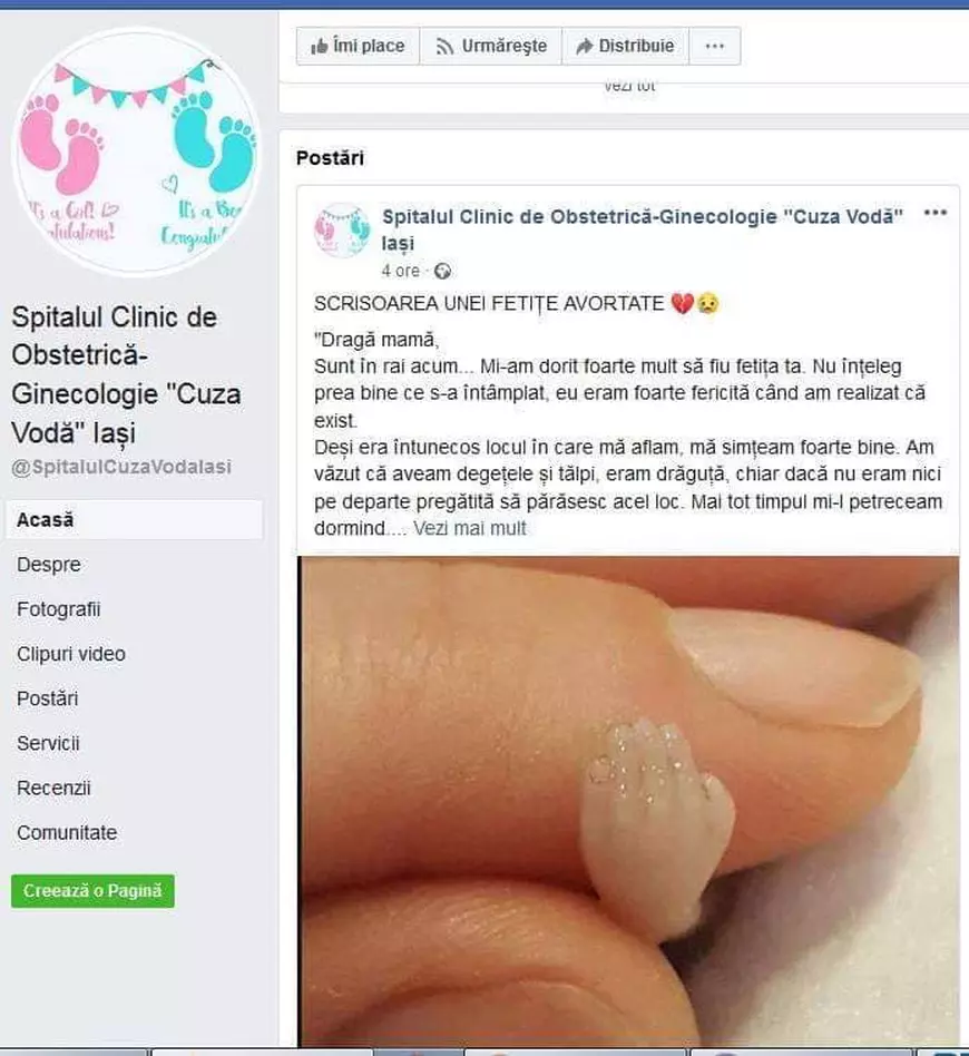 Un spital de stat din România publică mesaje anti-avort. Postarea de pe Facebook a Maternității Cuza Vodă din Iași se numește „Scrisoarea unei fetițe avortate”