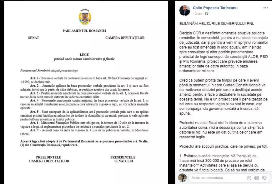 Tăriceanu: Există un proiect de lege care prevede anularea amenzilor. Ne-am bucura dacă ar fi transformat în OUG