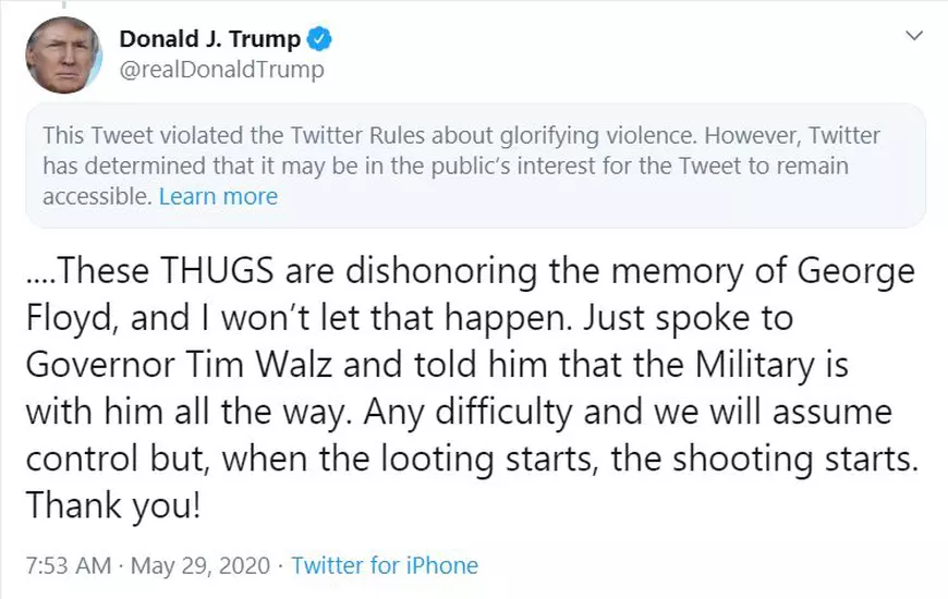 Twitter a ascuns un mesaj postat de Trump deoarece “glorifică violența”, ultimul act din conflictul cu liderul SUA