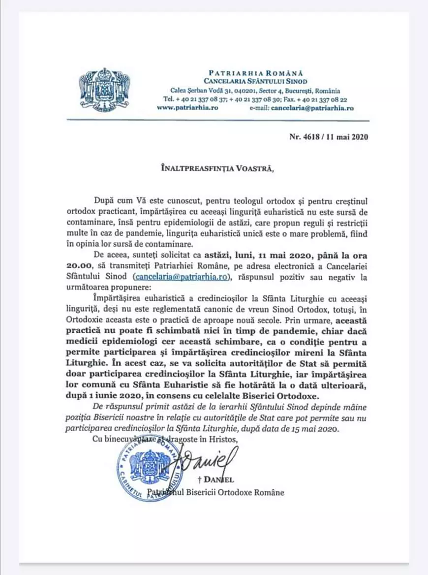 Patriarhul Daniel, propunere fără precedent: Să se amâne Sfânta Împărtășanie, dar să se permită participarea credincioșilor la slujbe