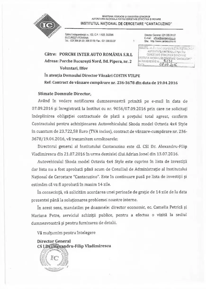 DOCUMENTE | Când era director la institutul falimentar „Cantacuzino”, șeful Unifarm și-a luat 4X4 pe bani publici