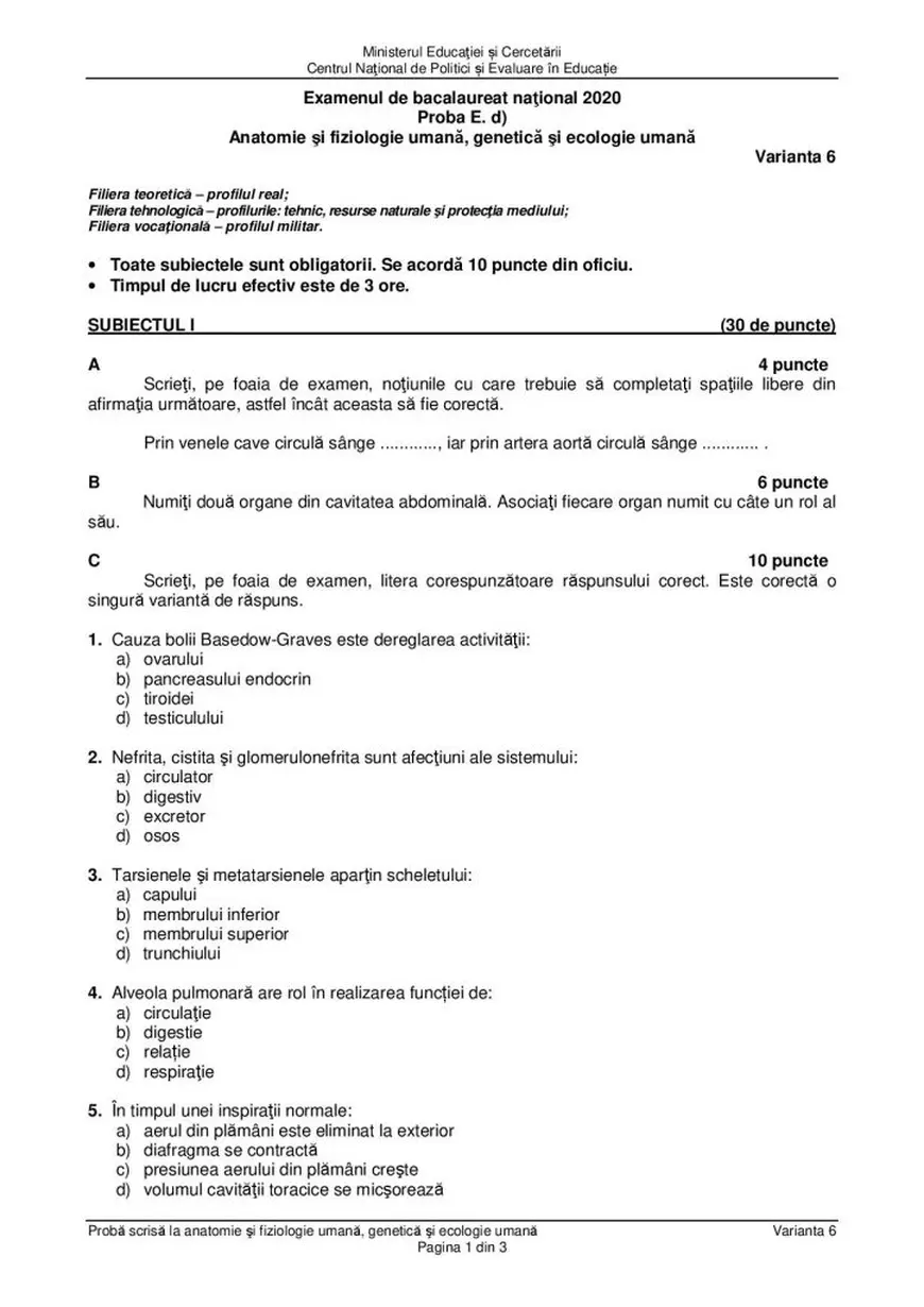 Subiecte și barem BAC Anatomie 2020 - proba la alegere a profilului. Ce a picat anul acesta