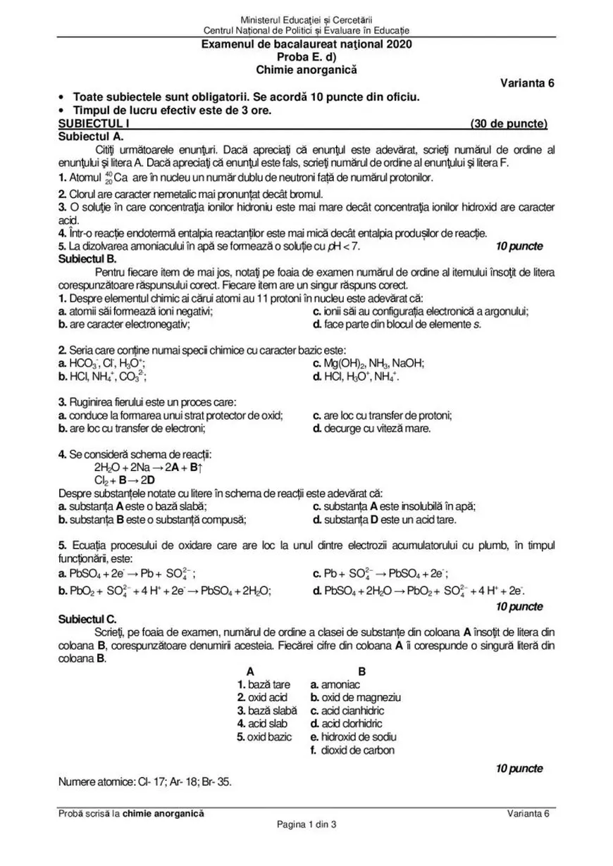 BAC Chimie 2020. Subiecte și barem de corectare
