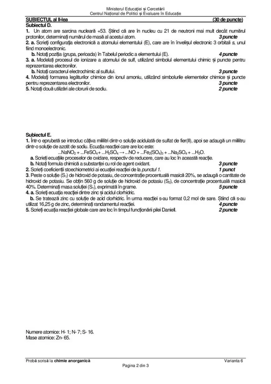 BAC Chimie 2020. Subiecte și barem de corectare