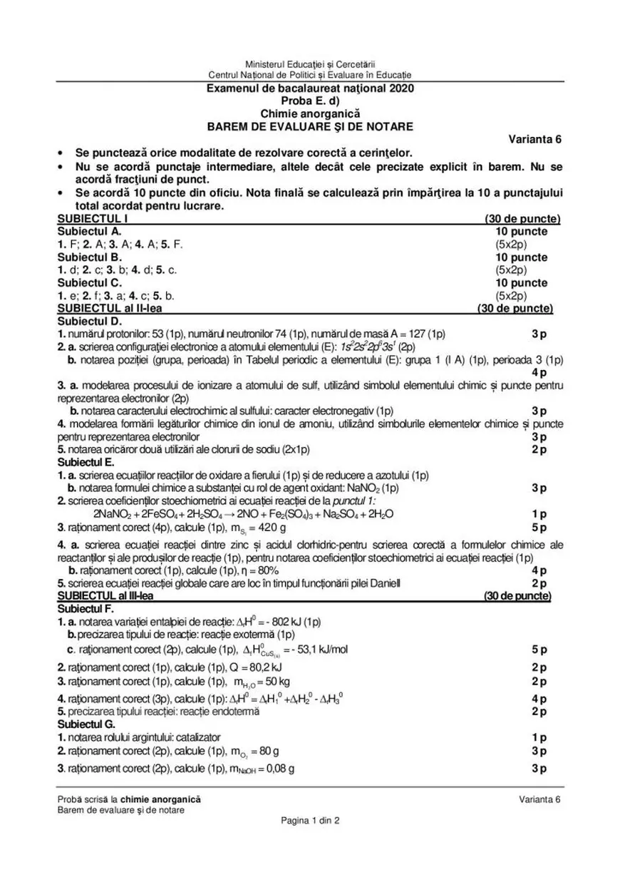 BAC Chimie 2020. Subiecte și barem de corectare