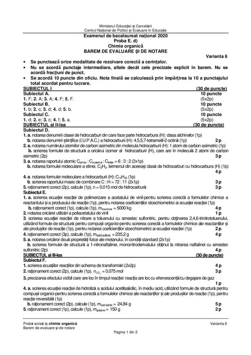 BAC Chimie 2020. Subiecte și barem de corectare