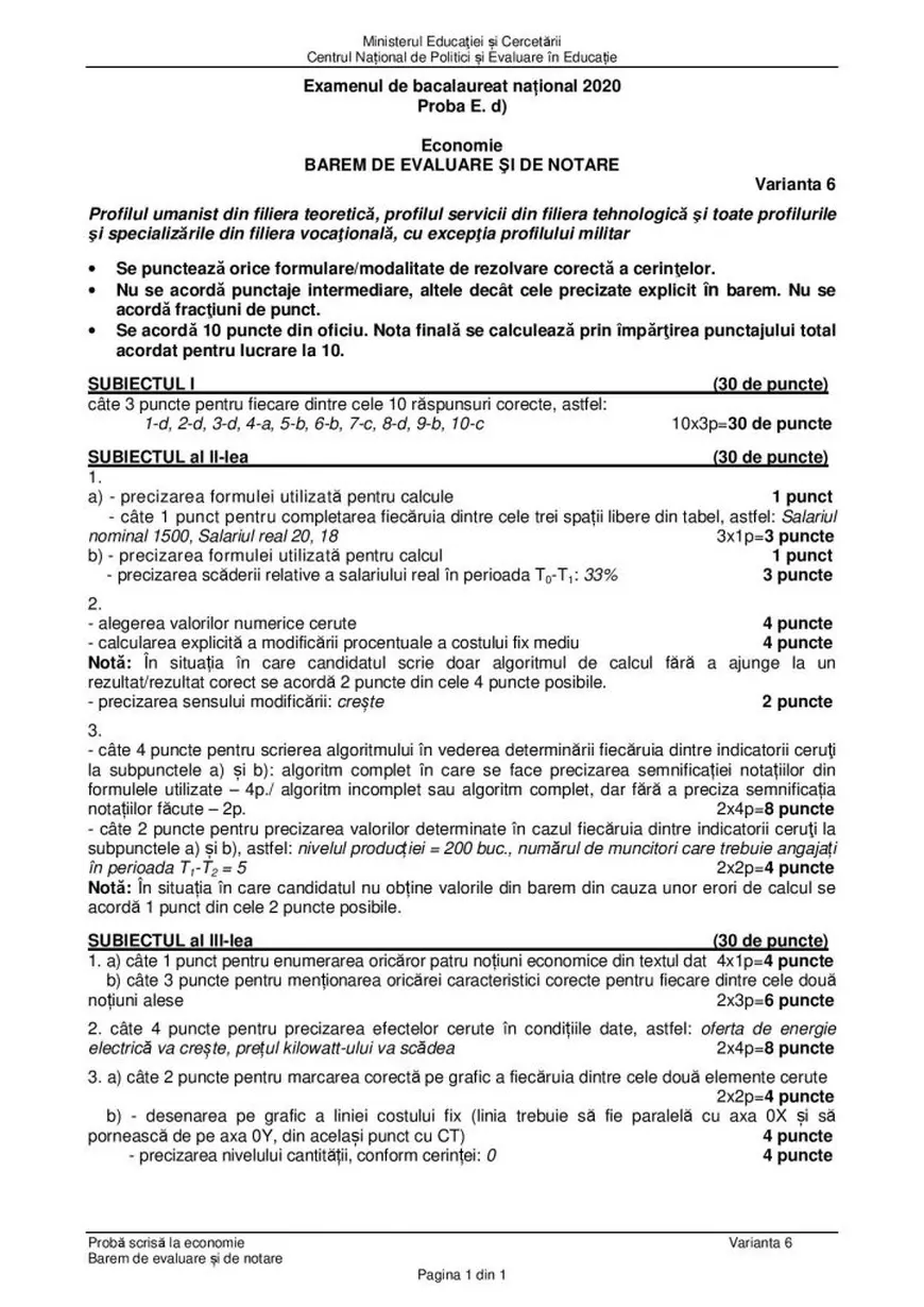 Subiecte și barem BAC Economie 2020, proba la alegere a profilului