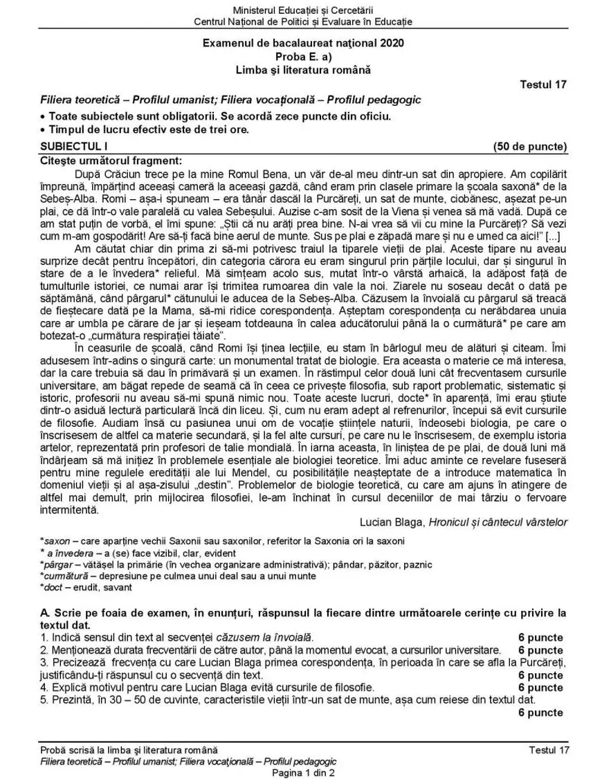 Comedia, subiectul III la Română la BAC 2020, a fost și în testul de antrenament publicat de minister