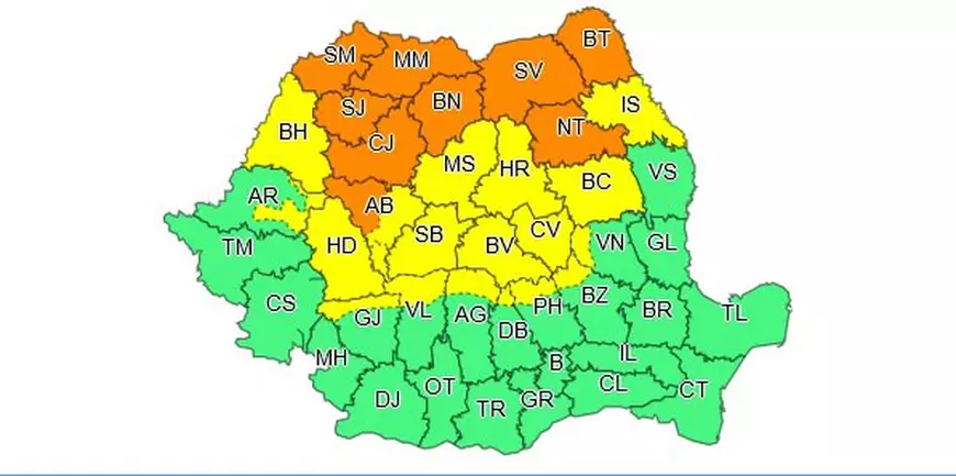 Cod portocaliu de vijelii și grindină în nordul țării. Alte 18 județe, sub cod galben. Unele zone sunt deja lovite de inundații