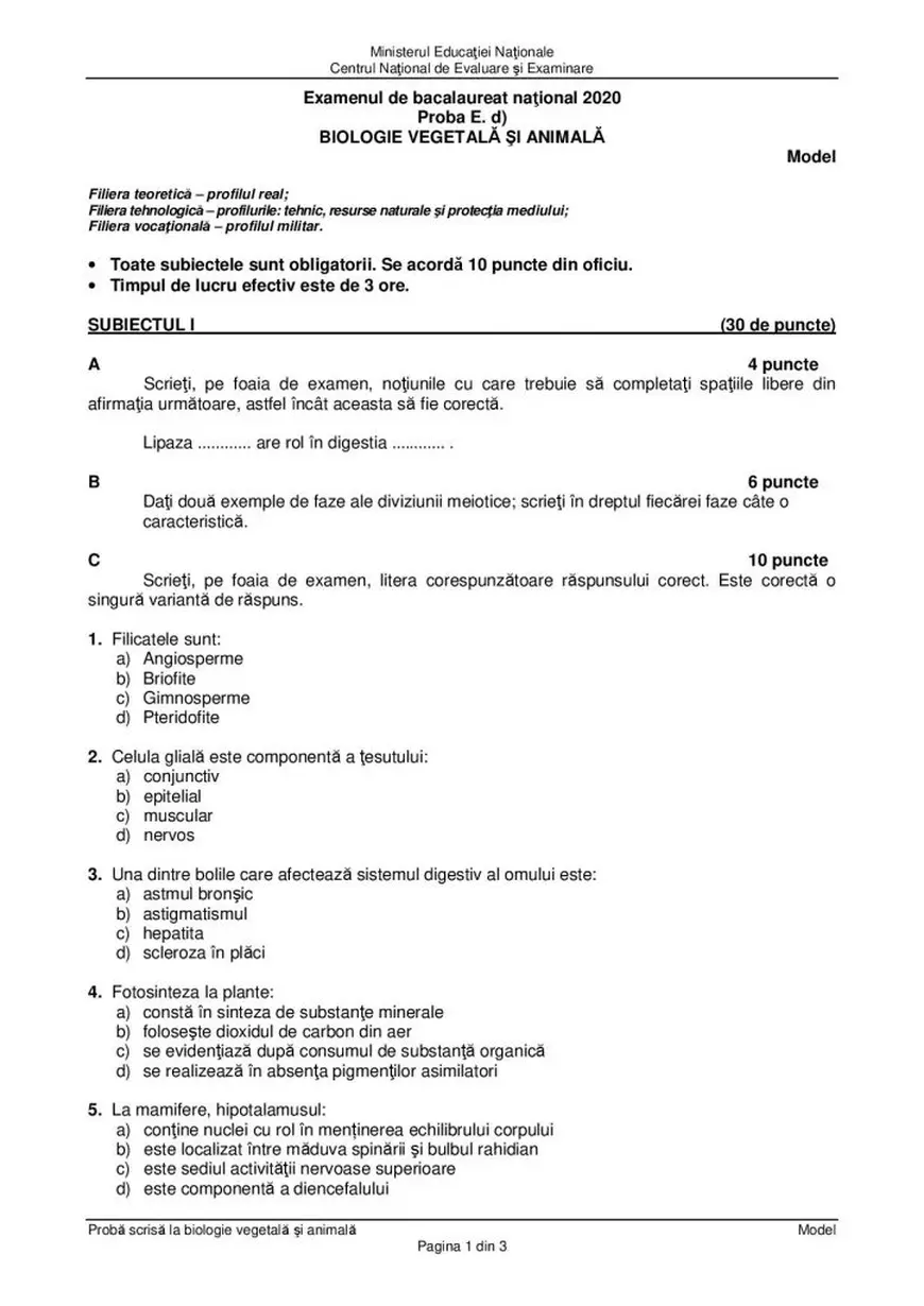 Model subiect Biologie BAC 2020