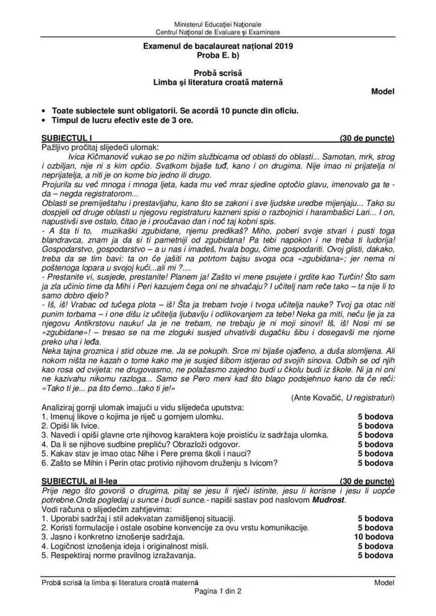 Model subiect BAC 2020 limba croata