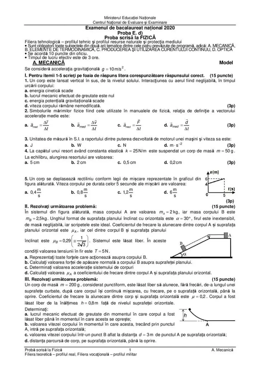 Model subiect Fizica Bac 2020 - filiera tehnologica