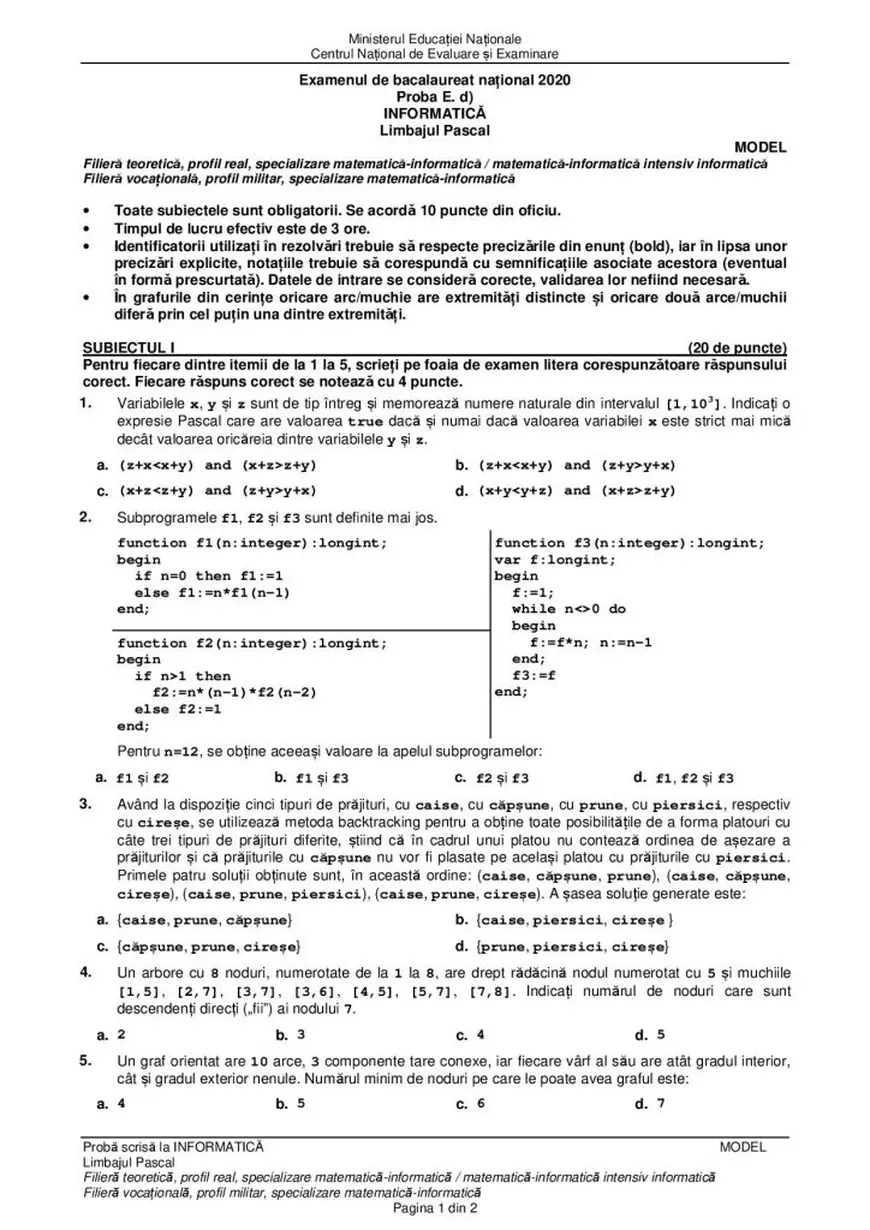 Model subiect Informatica BAC 2020