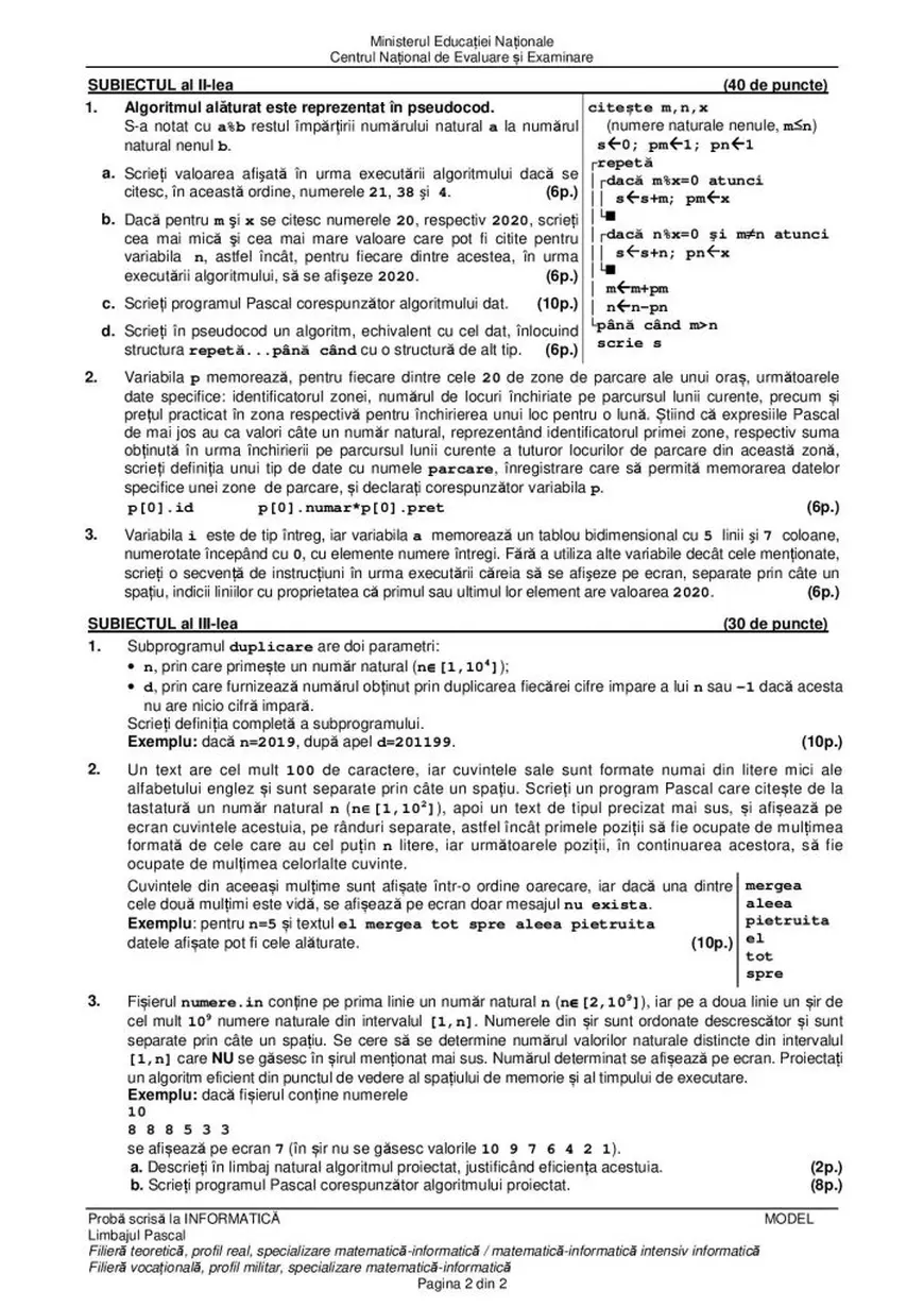 Model subiect Informatica BAC 2020