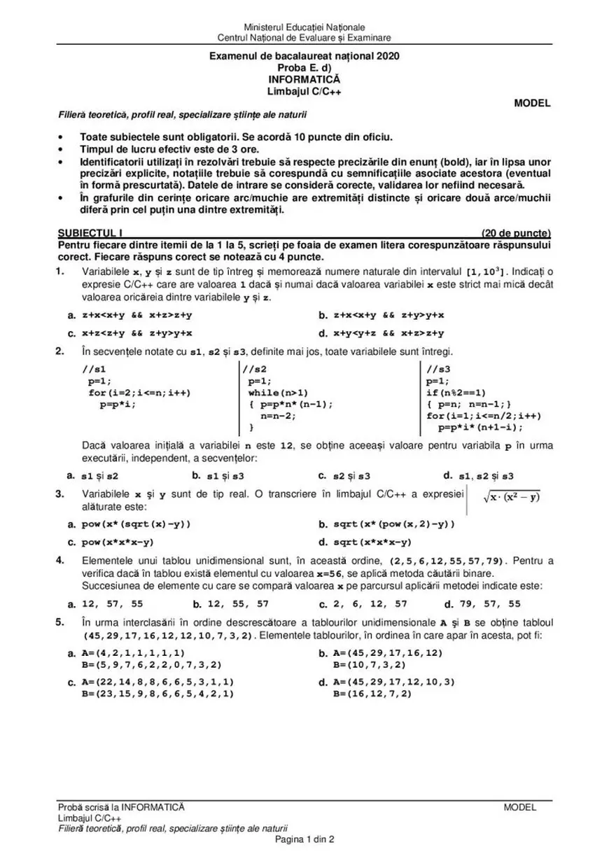 Model subiect Informatica BAC 2020