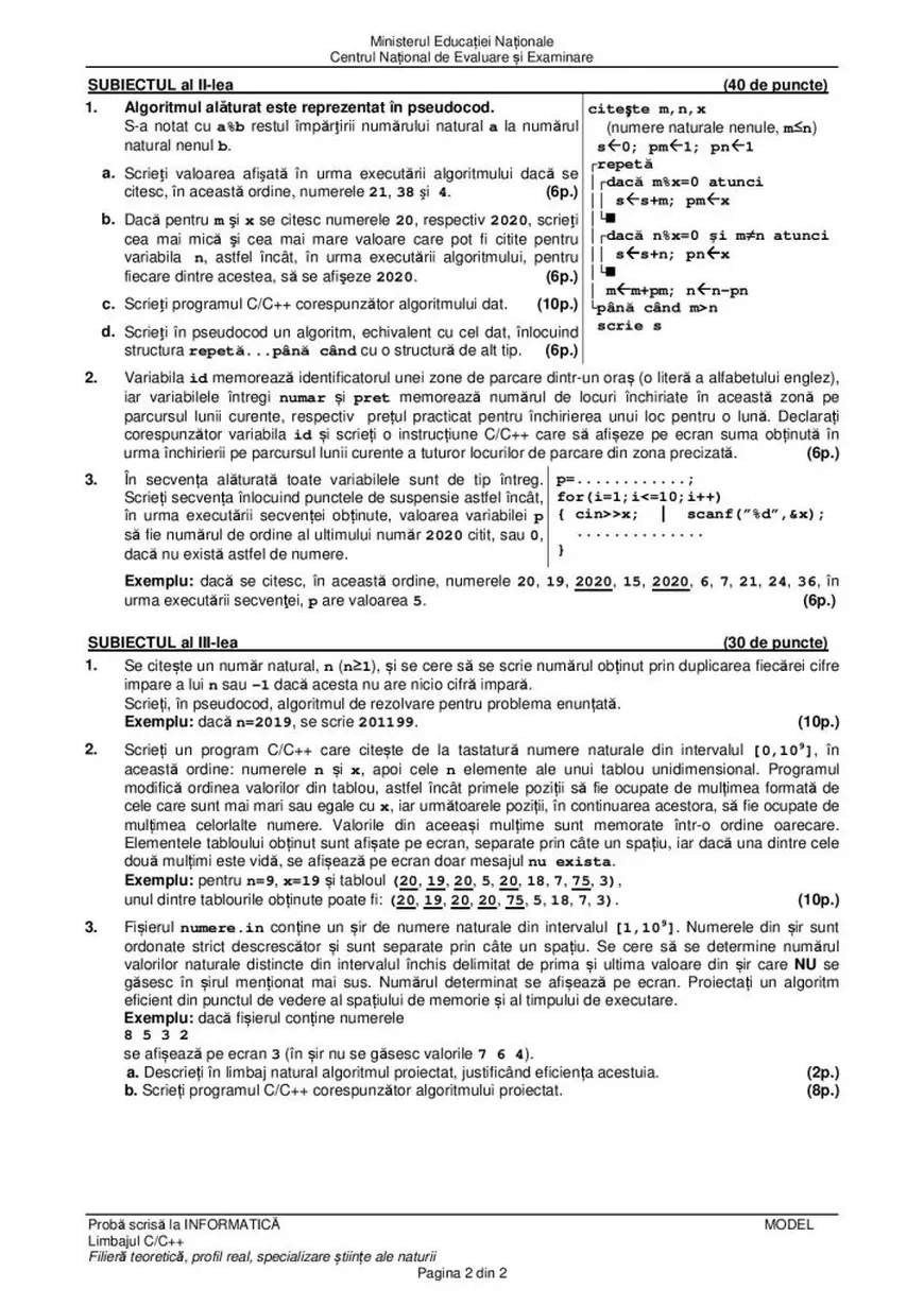 Model subiect Informatica BAC 2020