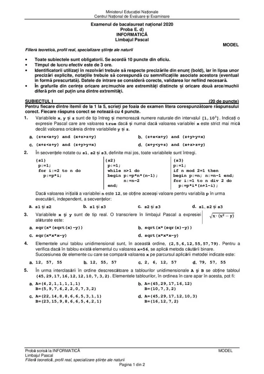 Model subiect Informatica BAC 2020