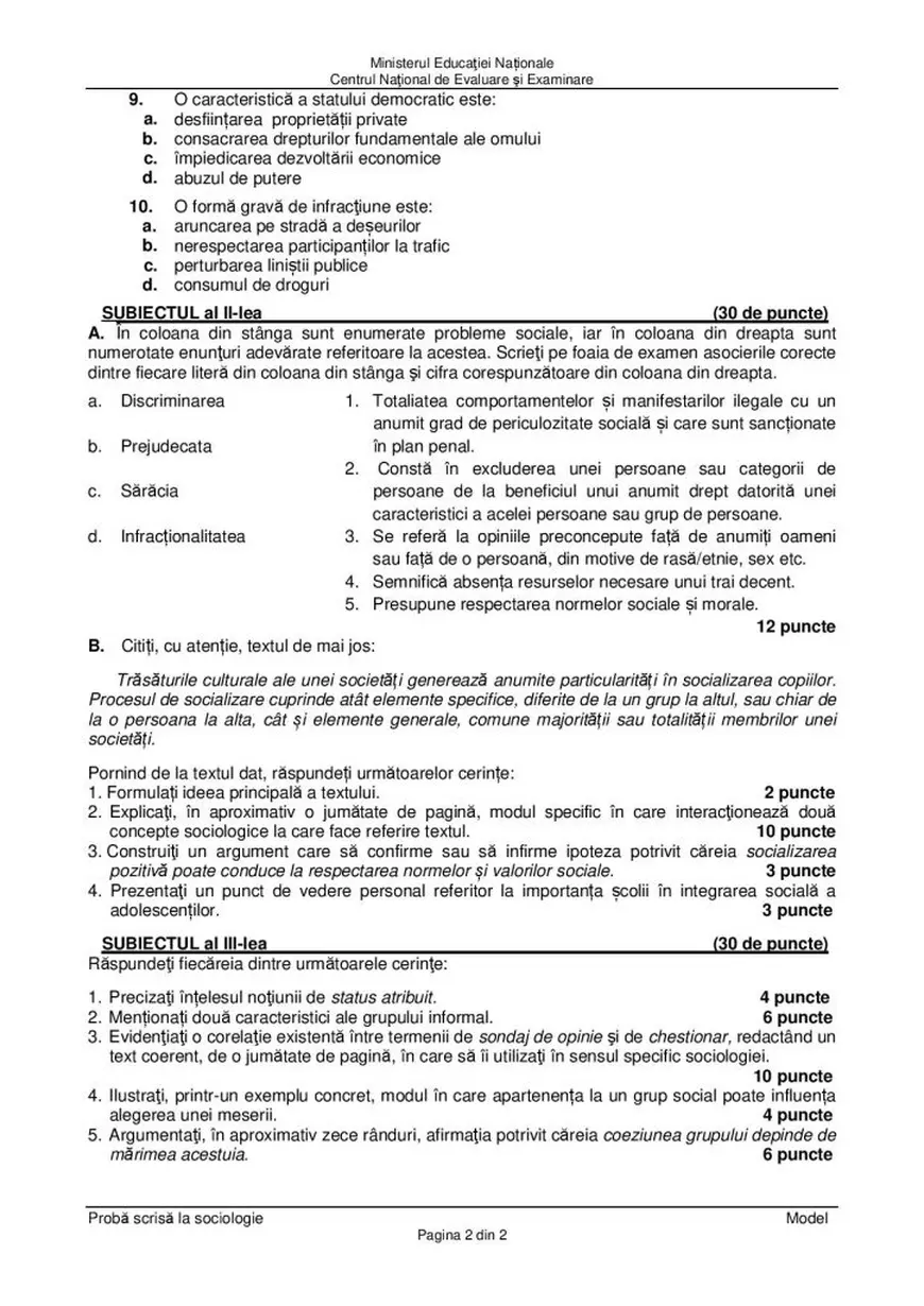 Model subiect Sociologie BAC 2020