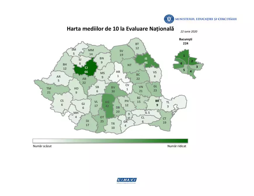 Rezultate pe judete la Evaluarea Nationala 2020 - harta medii peste 5