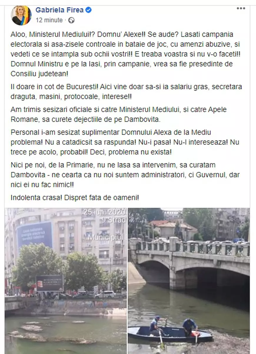Gabriela Firea a publicat două poze cu "dejecțiile de pe Dâmbovița". Despre ministrul Mediului: "Îl doare în cot de București!"