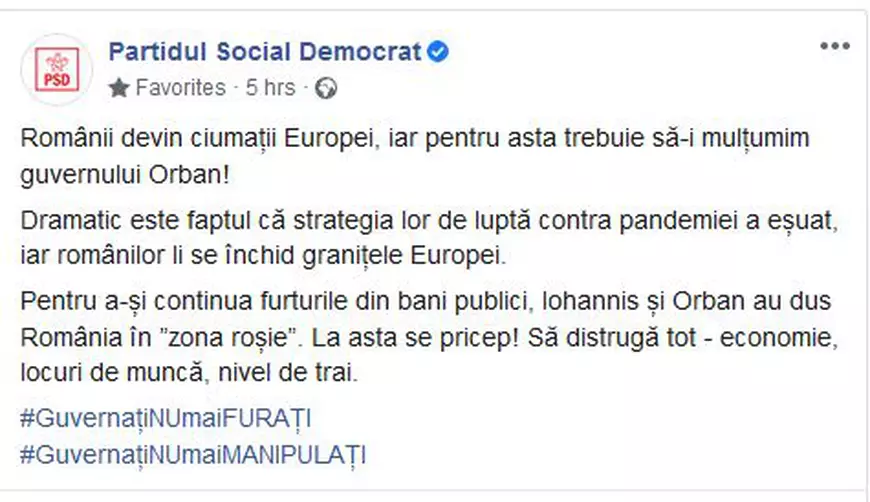 Scandal în politică, după ce PSD a scris că românii au devenit „ciumaţii Europei” din cauza guvernului Orban. Replica PNL: „Ciuma roșie și-a dat masca jos!”