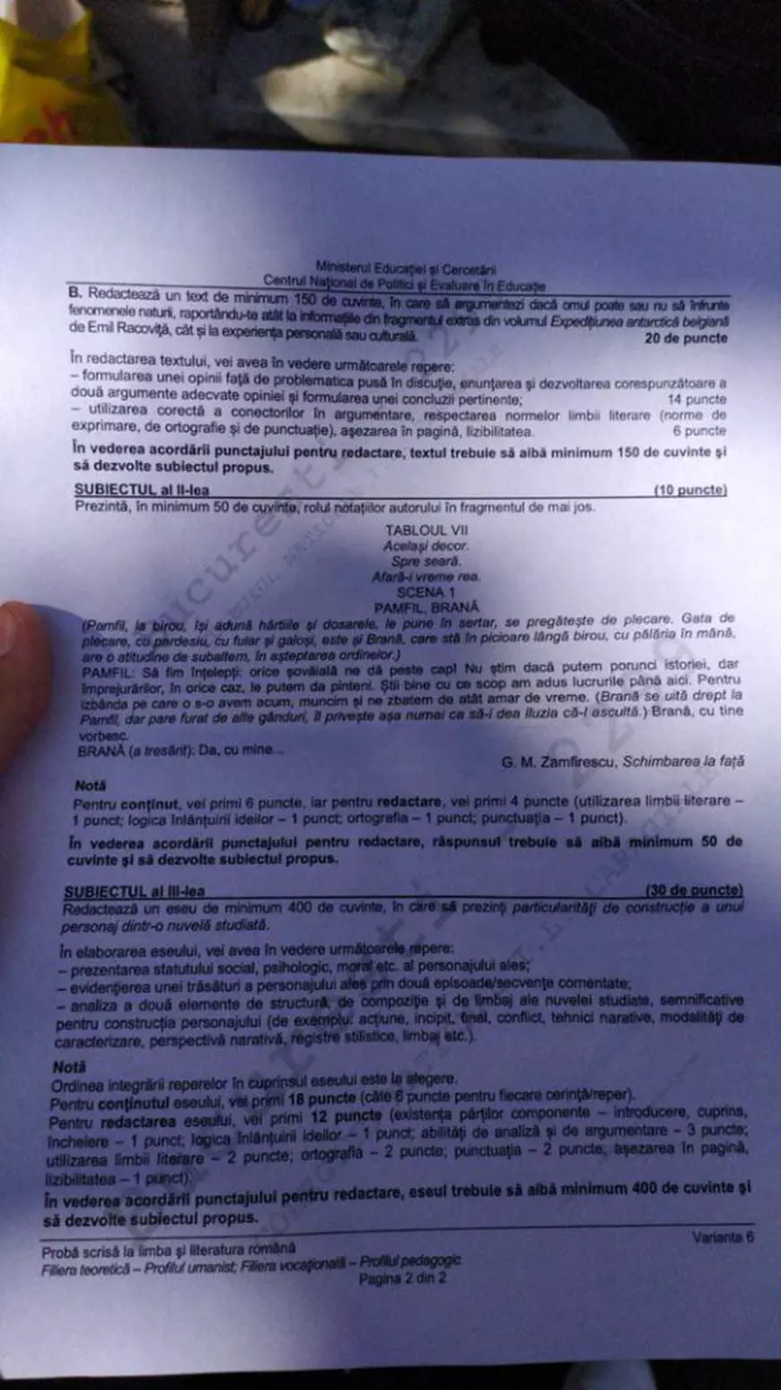 Bacalaureat 2020 sesiunea de toamnă. Ce subiecte s-au dat la proba de Limba şi literatura română și baremele de evaluare și notare