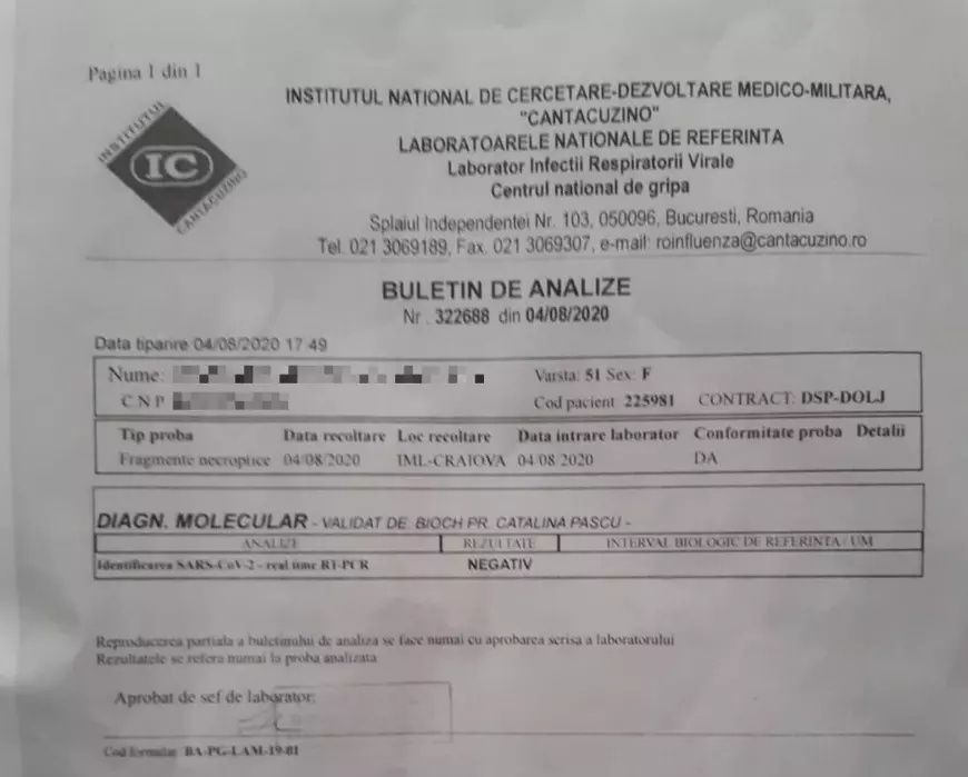 Straniul caz al femeii din Craiova ținută de 6 zile la morgă din cauza rezultatelor diferite la COVID-19: negativă în plămâni, pozitivă nazo-faringian!
