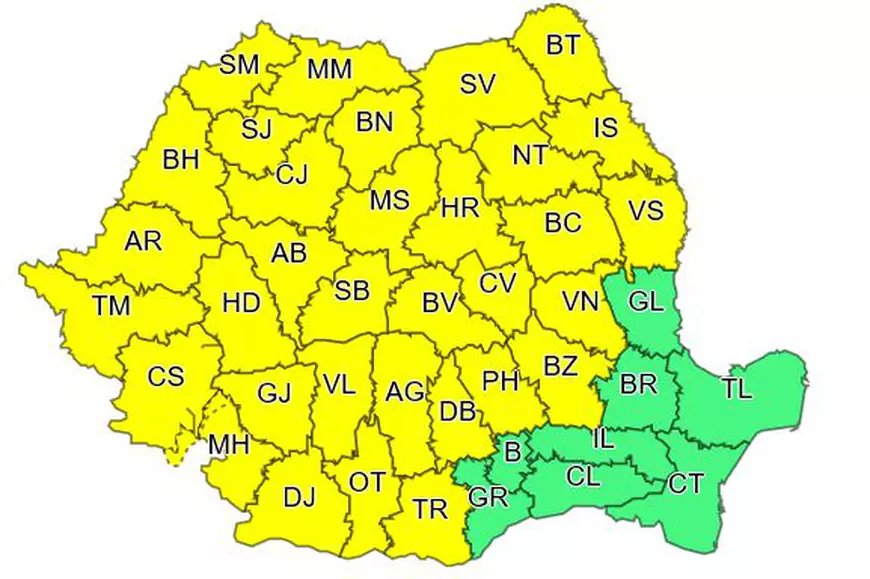 Alertă de ploi, grindină și vijelii în aproape toată țara, până duminică dimineață