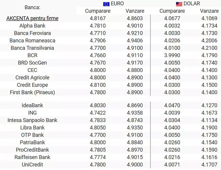 Curs BNR 20 august. Leul scade în faţa monedei europene şi a dolarului