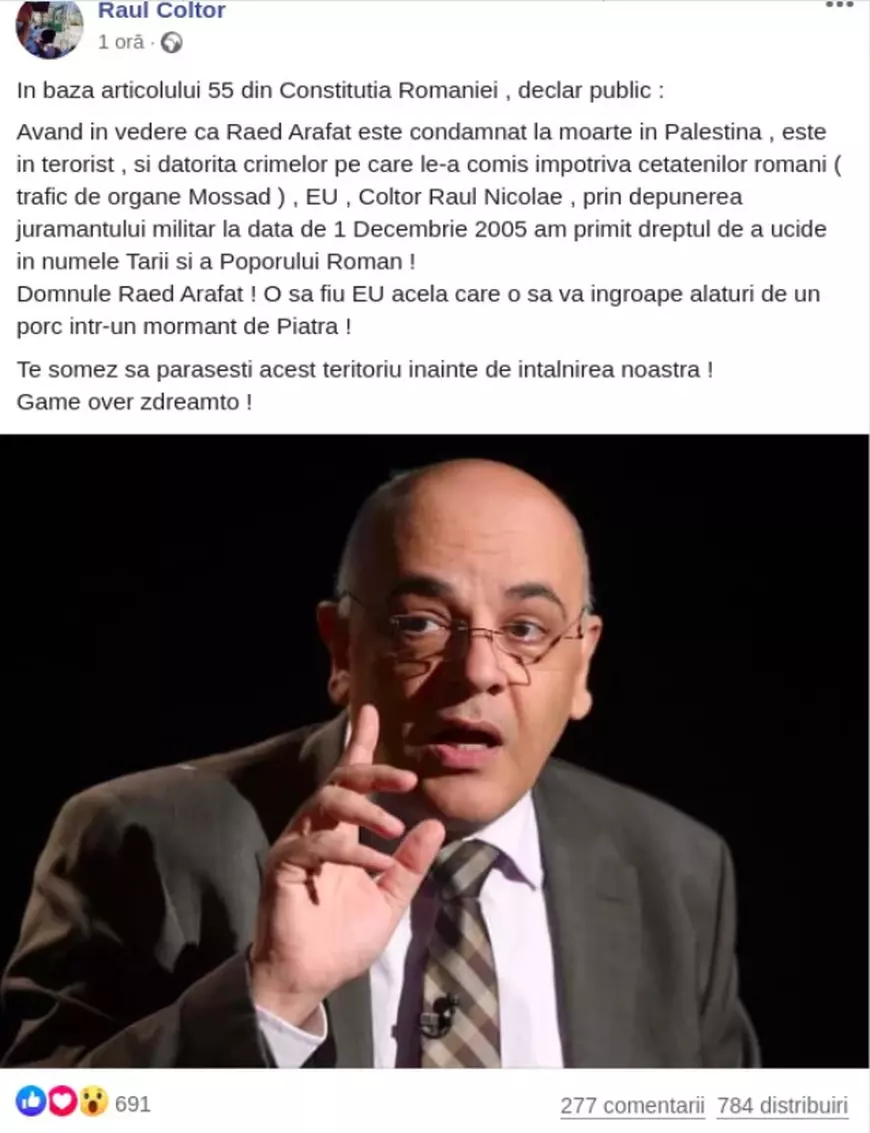 Bărbatul care l-a ameninţat cu moartea pe Raed Arafat pe Facebook, reţinut și plasat sub control judiciar