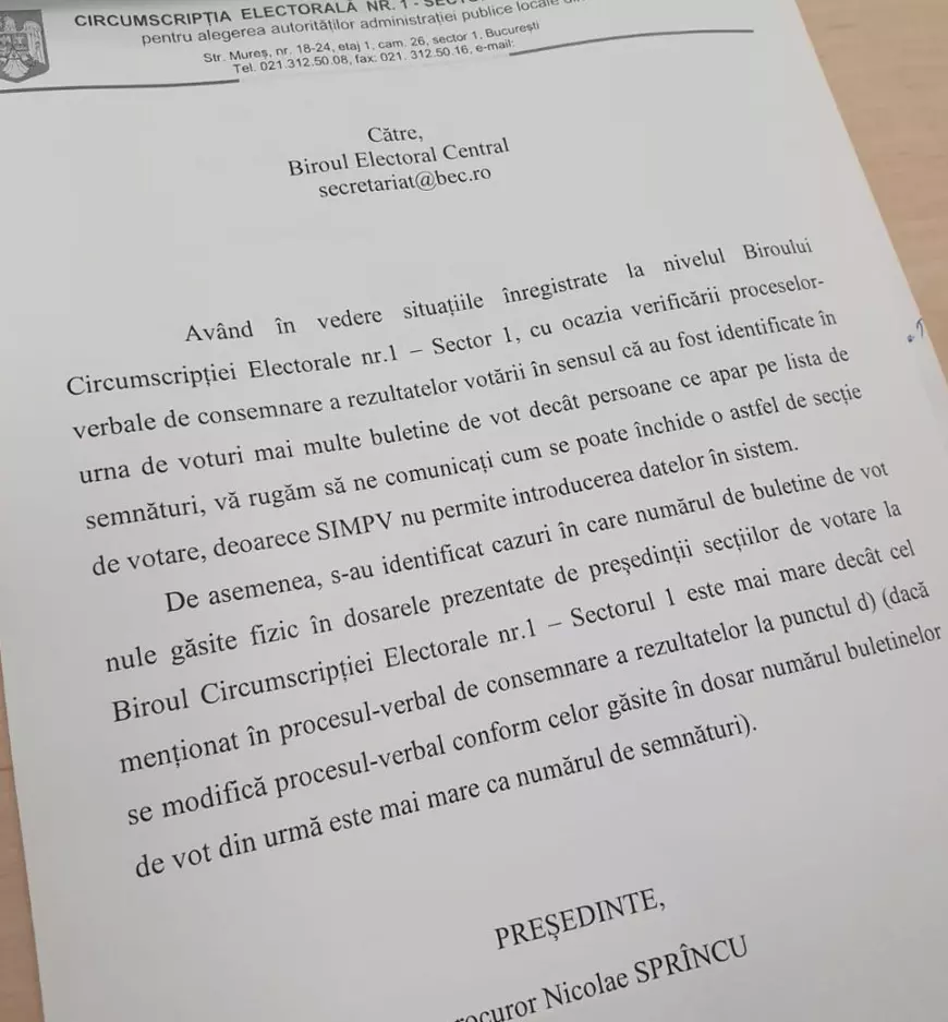 Document | Adresa trimisă la BEC care arată că la Sectorul 1 s-au găsit în urnă mai multe buletine de vot decât persoane care au semnat pe liste