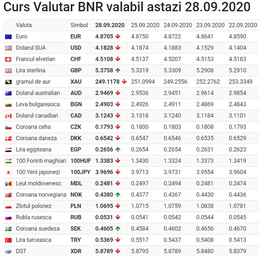 Curs BNR, 28 septembrie 2020. Moneda europeană scade uşor în faţa leului