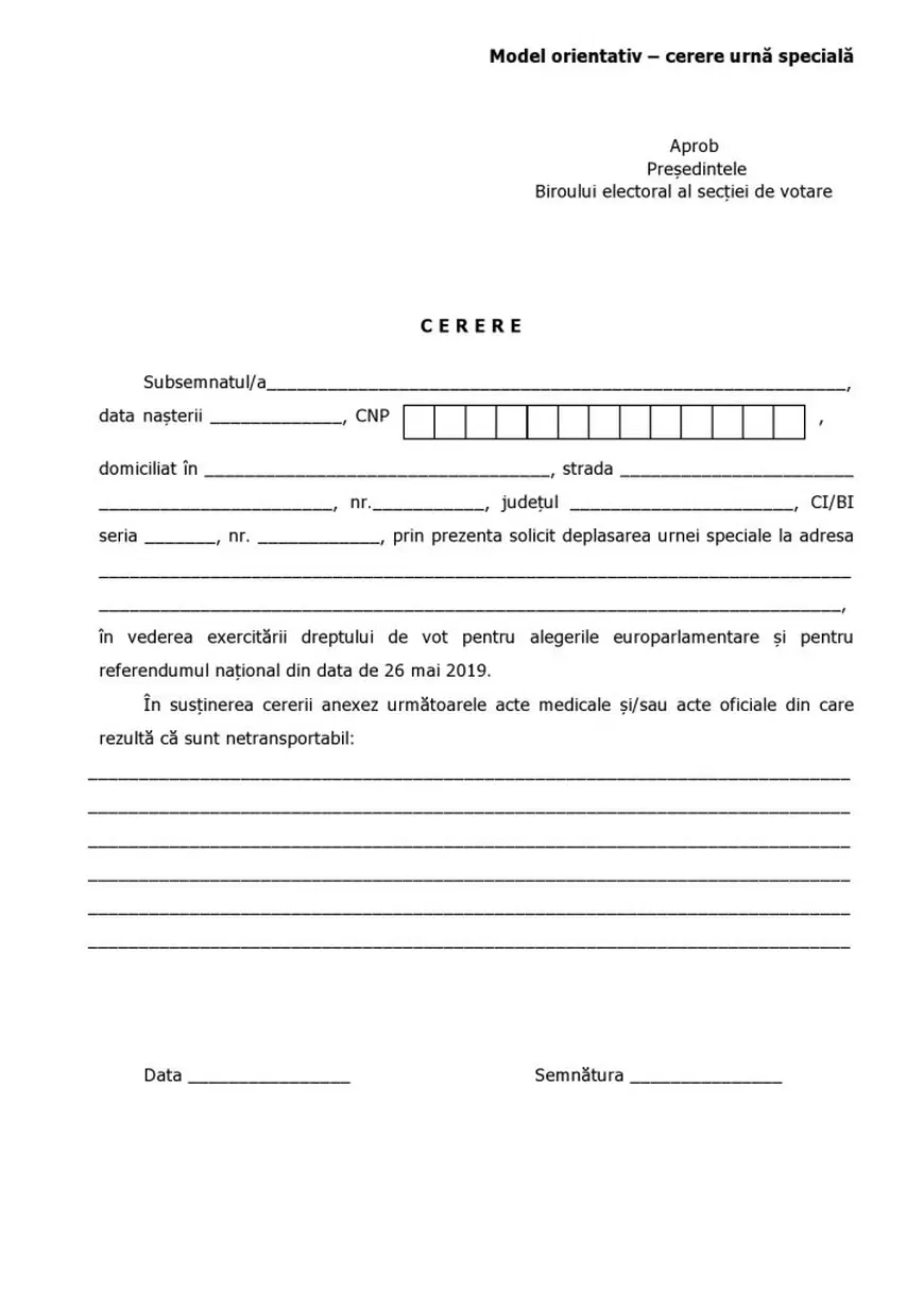 Model cerere urna mobila urna speciala alegeri locale 2020