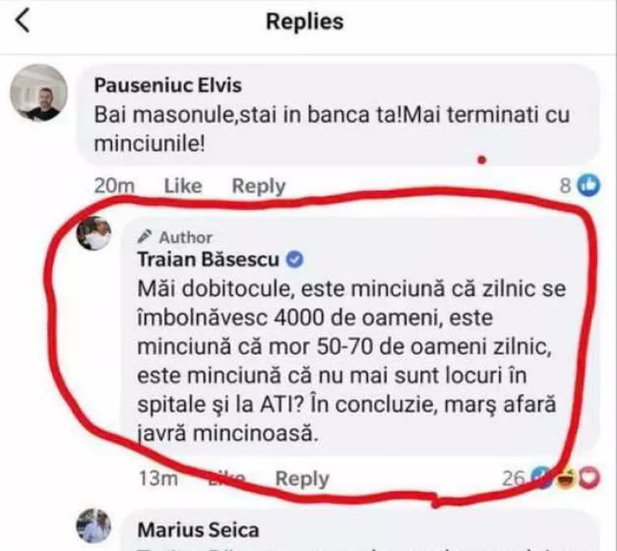 Traian Băsescu, derapaj grosolan pe Facebook: "Marş afară javră mincinoasă"