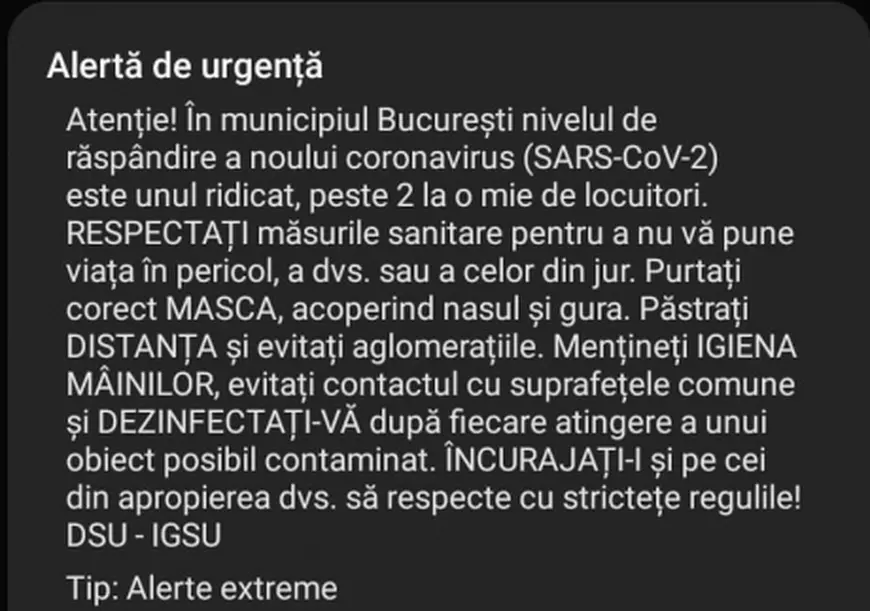 Mesaje Ro-Alert emise în București, privind nivelul ridicat de răspândire a virusului Covid-19