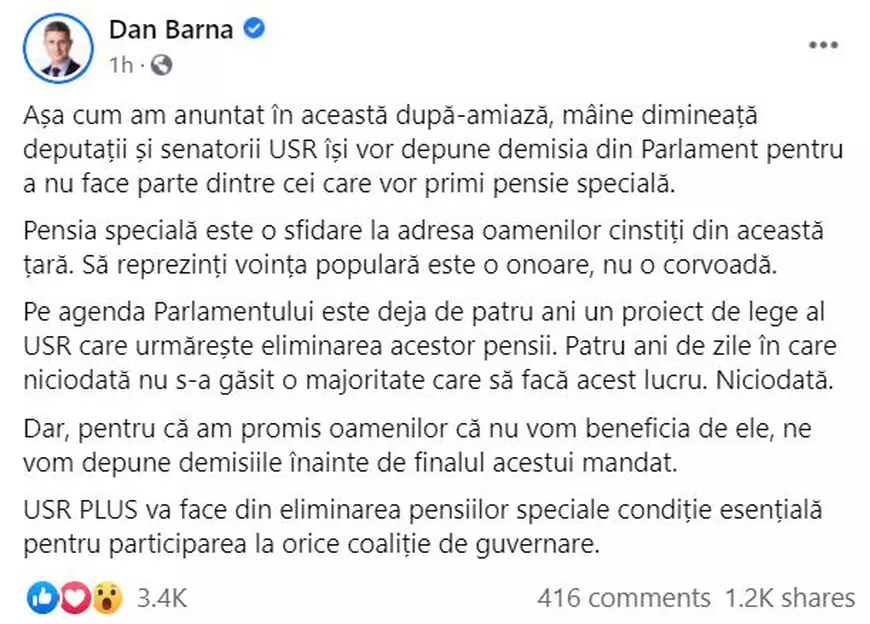 Parlamentarii USR au demisionat "ca să nu beneficiem de pensie specială". Marcel Ciolacu: "Demisionez în ultima zi de mandat", invocând acelaşi motiv