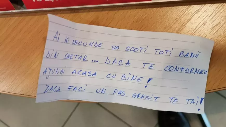 Jaf la o bancă din București, în apropiere de sediul Poliției Române. Mesajul atacatorului: „Dacă faci un pas greșit te tai”