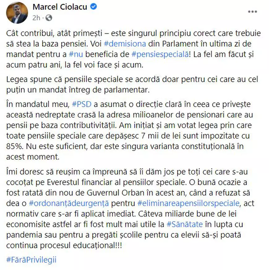 Parlamentarii USR au demisionat "ca să nu beneficiem de pensie specială". Marcel Ciolacu: "Demisionez în ultima zi de mandat", invocând acelaşi motiv