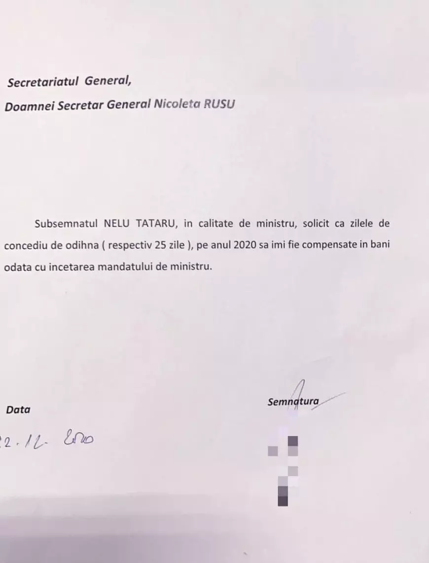 DOCUMENT | La încheierea mandatului, Nelu Tătaru a cerut banii pe zilele de concediu