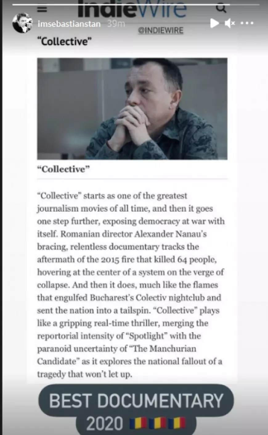 Actorul de origine română, Sebastian Stan, a promovat pe Instagram filmul "Colectiv", cel mai bun documentar la premiile Academiei Europene de Film