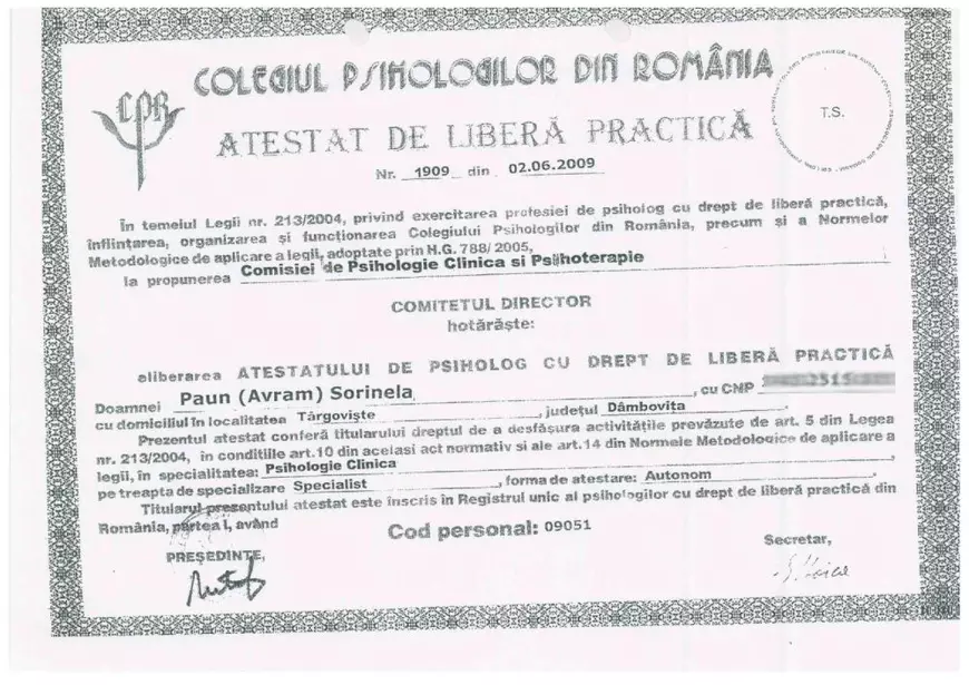 Cum arată documentele psiholoagei arestate după ce a practicat pe fals timp de 20 ani. „Și-a însușit datele altor specialiști”