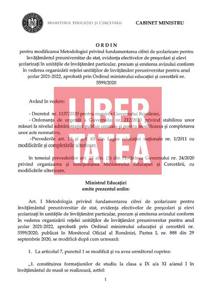 DOCUMENT | Se reduce numărul elevilor în clasele de liceu. Măsura intră în vigoare anul școlar viitor