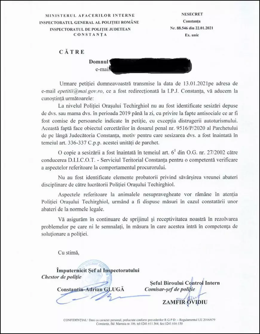 DOCUMENT. Poliția Constanța și DIICOT știau despre caii abuzați ai procurorului Țucă din Techirghiol, dar nu au făcut nimic!