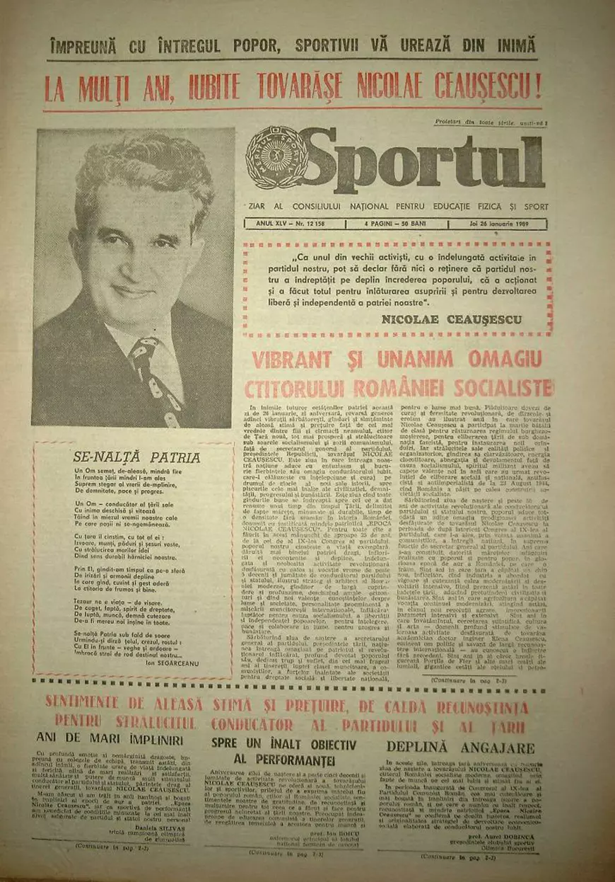 26 ianuarie 1989. Ultima zi de naștere a lui Nicolae Ceaușescu. Ce scriau ziarele „Scînteia”, „Scînteia tineretului” și „Sportul” pe primele pagini - FOTO